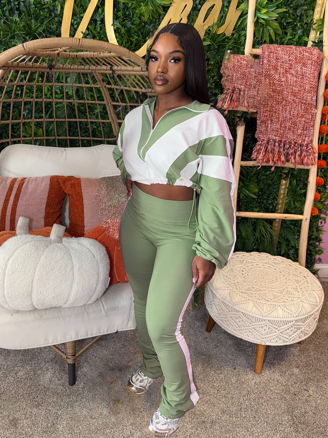 Elastic Buckle Waist Color Block Stitching Contrast Color Sports Casual Two-piece Suit