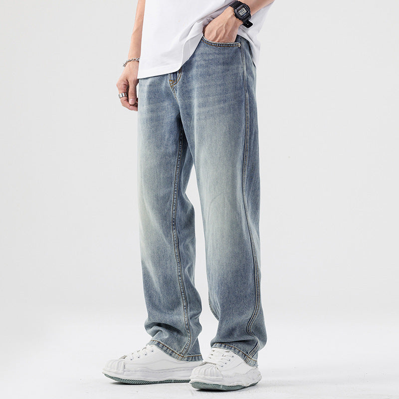 Light Blue Loose Straight Wide Leg Casual Denim Trousers Mid Waist