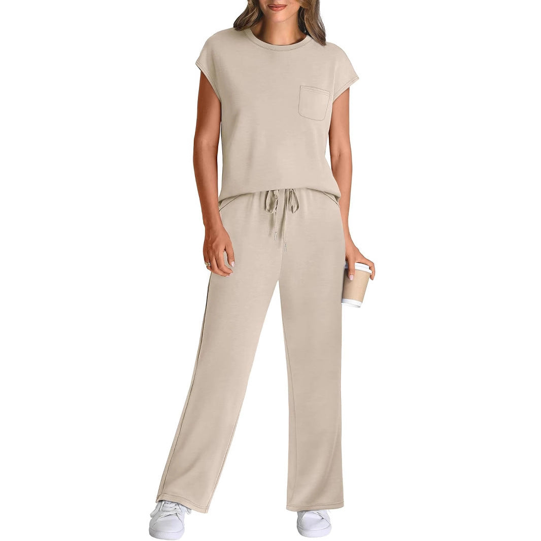 Round Neck Loose Short Sleeve Pocket Two-Piece Casual Suit