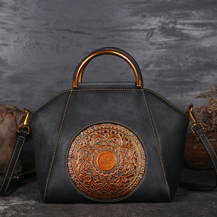 Sac fourre-tout en cuir véritable gaufré avec poignée supérieure motif totem rétro taille moyenne