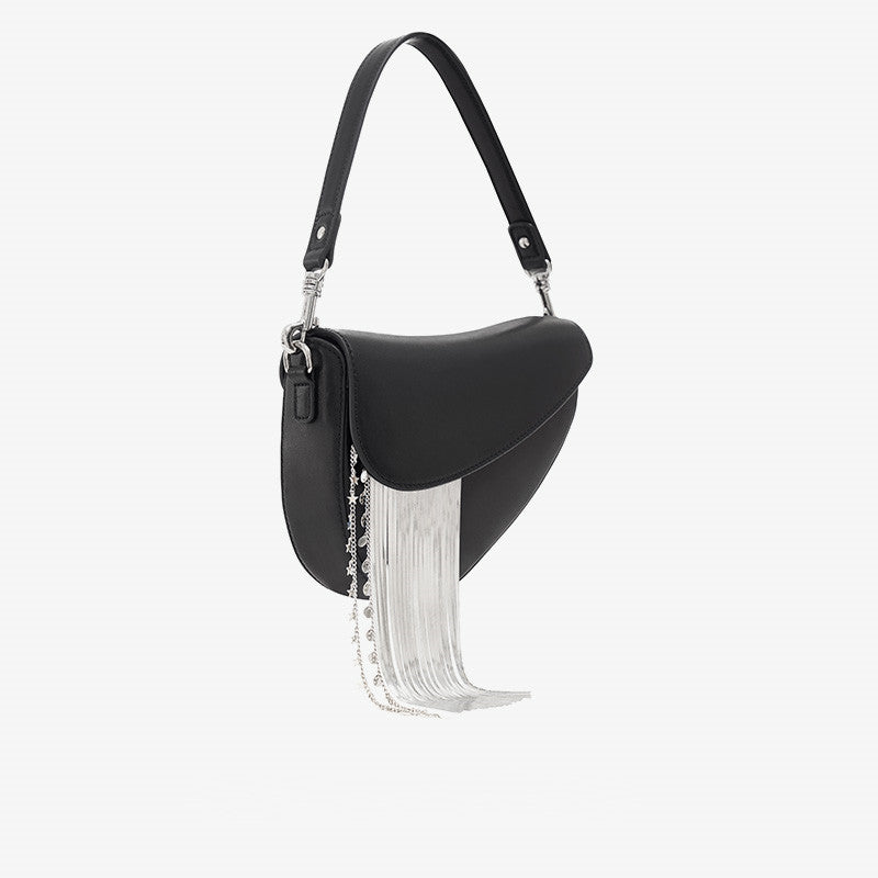 Cowhide Tassel Crossbody Bag with Magnetic Closure in Black