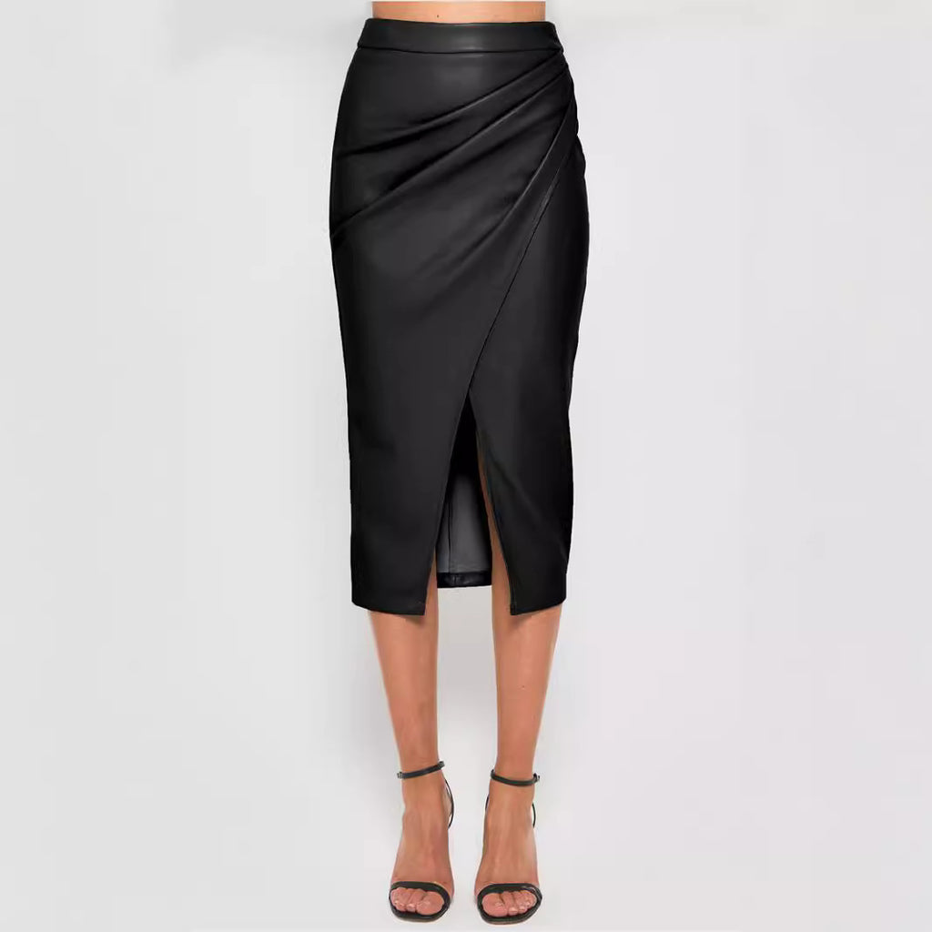 Women's High Waist Zipper Pleated PU Leather Skirt