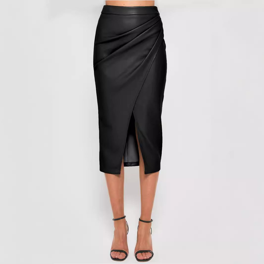 Women's High Waist Zipper Pleated PU Leather Skirt