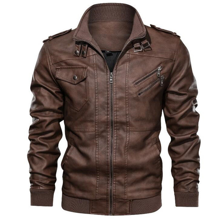 PU Leather Plain Hoodless Jacket with Vertical Collar and Zipper Front