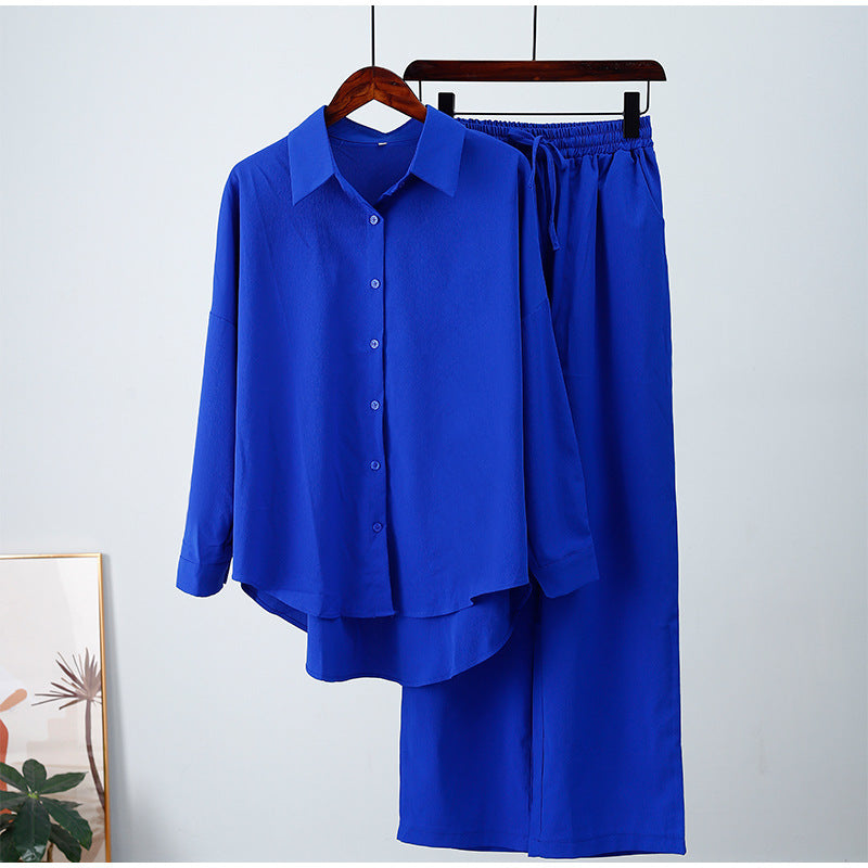 Loose Elastic Wrinkle Long-Sleeve Shirt & Wide-Leg Pants Casual Suit