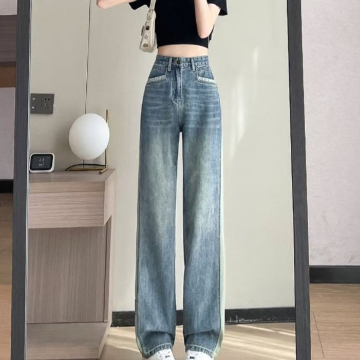 Jeans d'été en coton bleu coupe droite amples style rétro pour femme