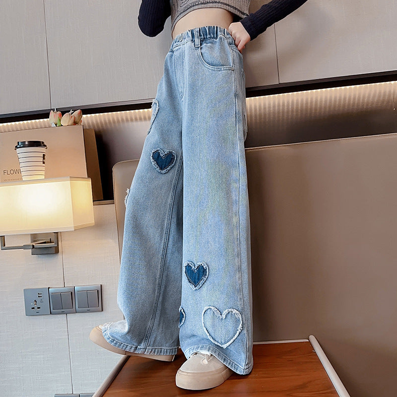 Girls' Blue Raw Edge Denim Wide-Leg Pants