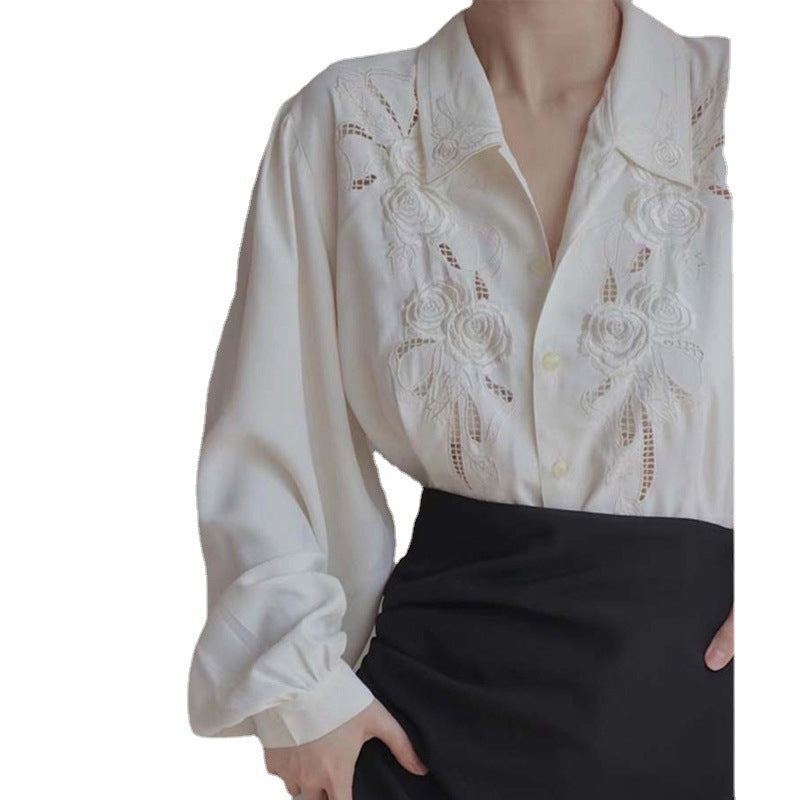 White Embroidered Hollow Out Shirt for Women