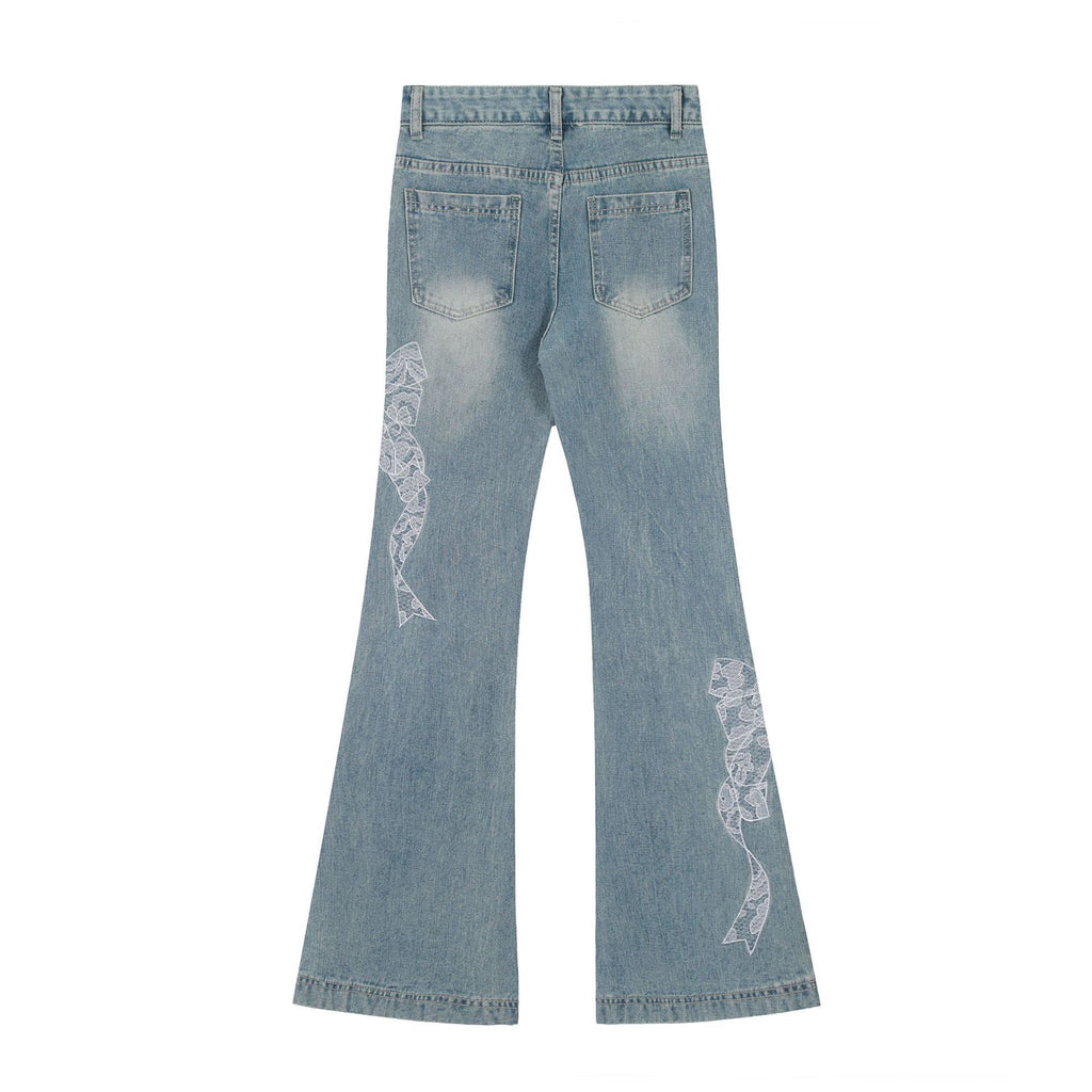 Jean en polyester bleu pour femme avec broderie papillon en dentelle