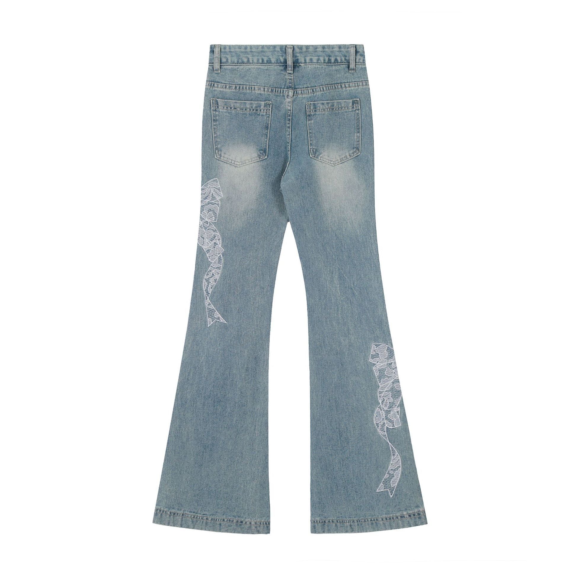 Jean en polyester bleu pour femme avec broderie papillon en dentelle