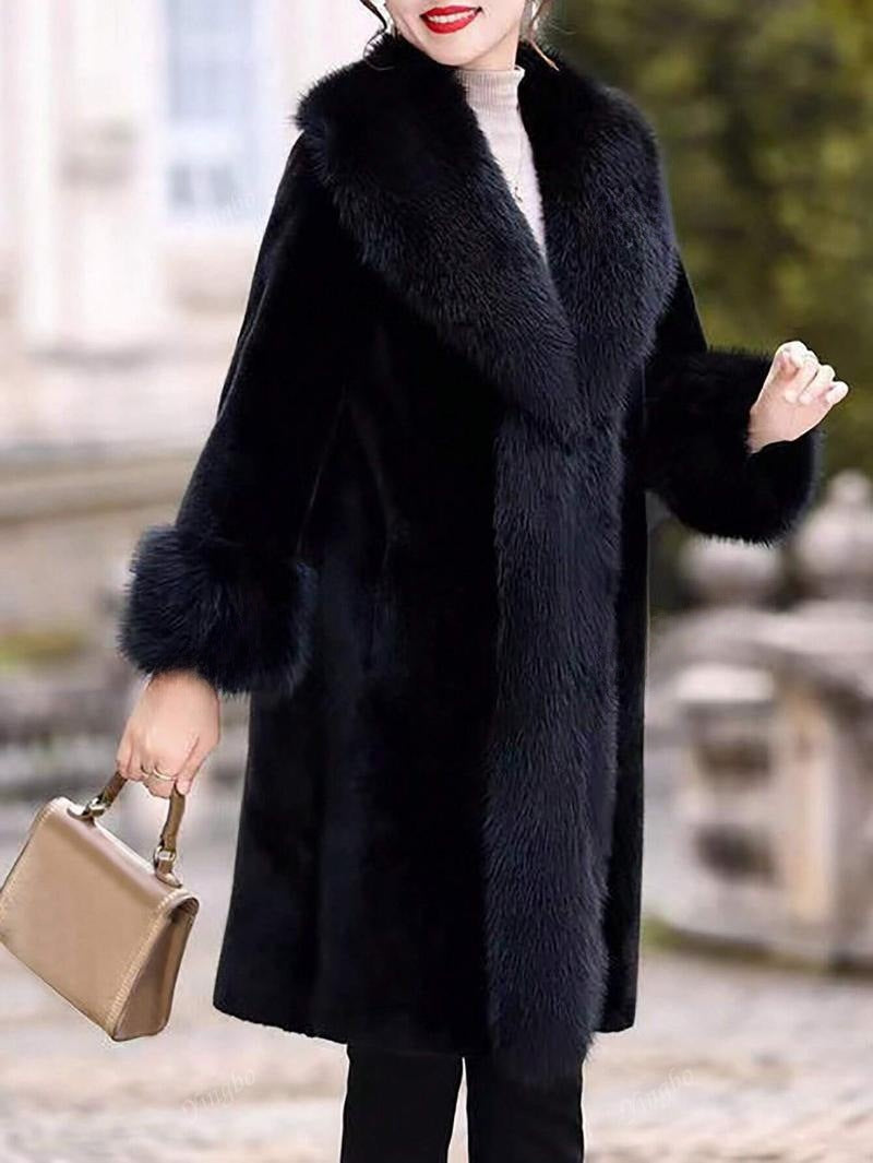 Women's Thick Faux Rabbit Fur Mid-Length Leather Coat