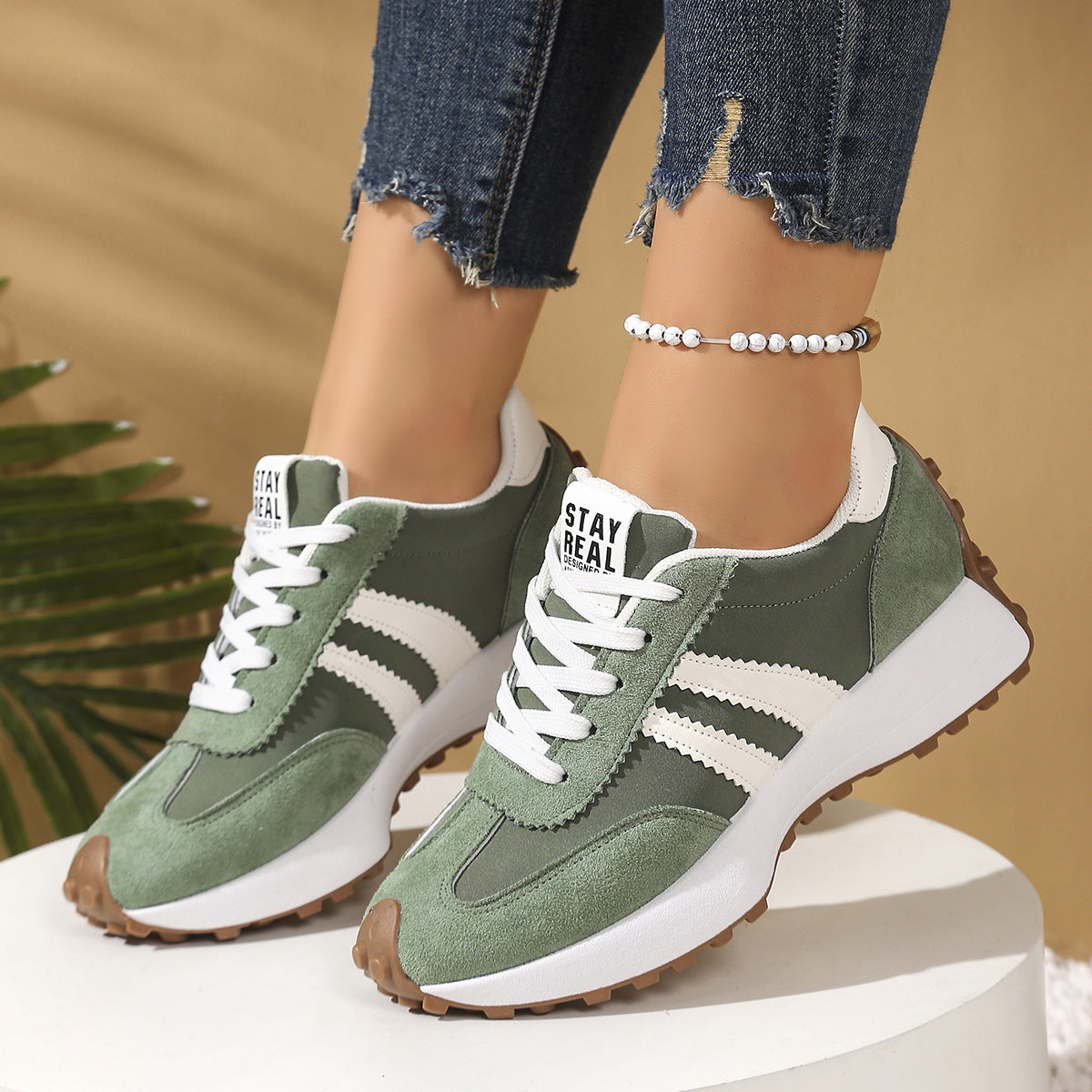 Women's Stripe Lace-Up Sneakers Breathable Thick Bottom Casual Sports Shoes