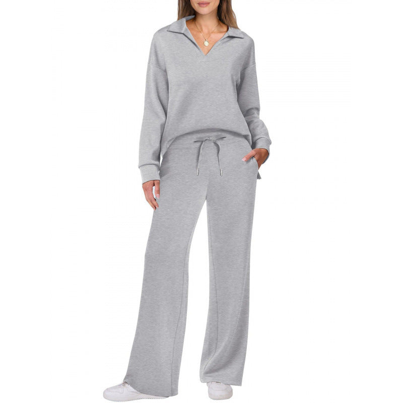 Women's V-Neck Tracksuit Set Long Sleeve Pullover & Drawstring Straight-Leg Trousers Solid Colors