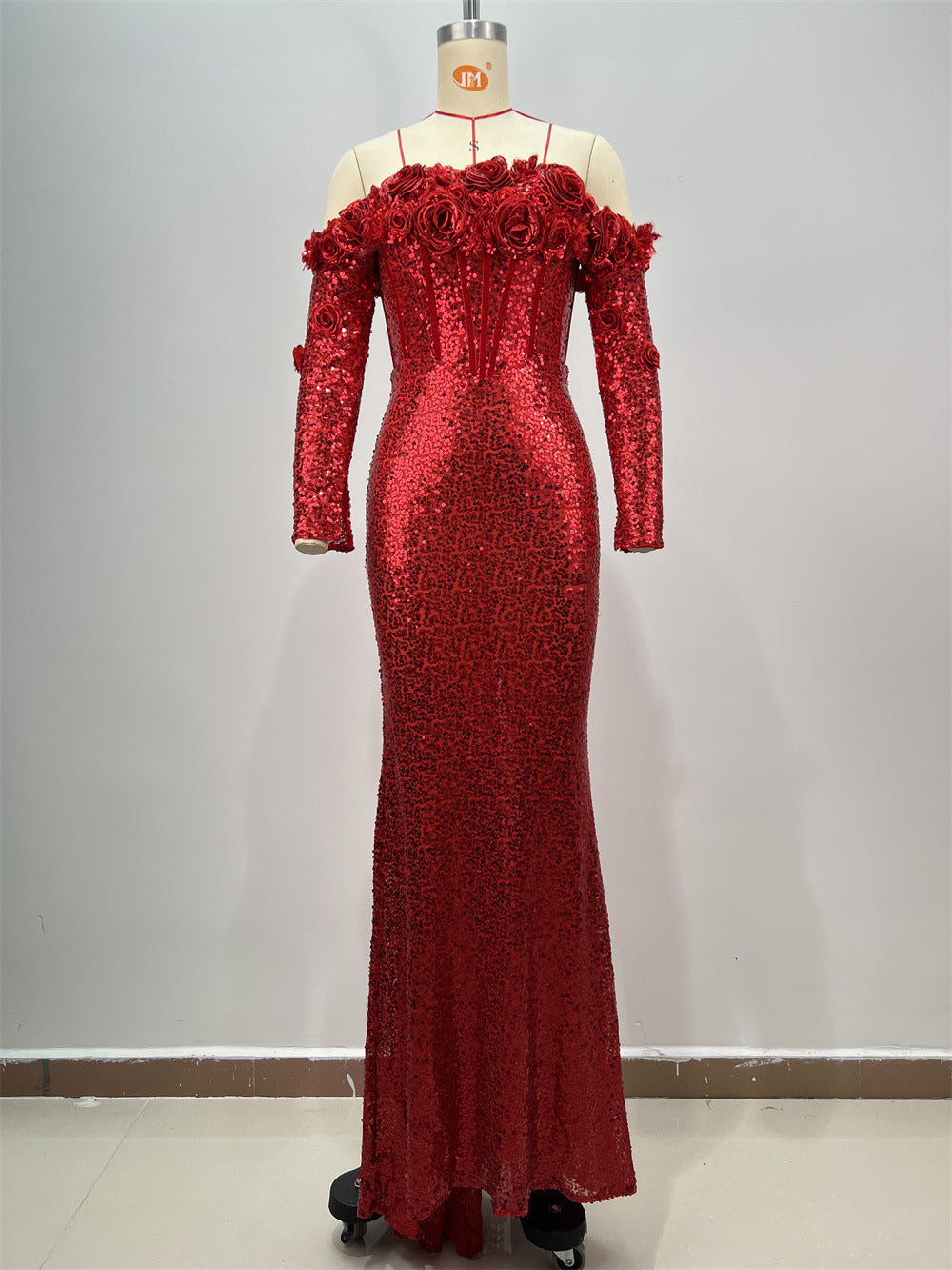 Women's Dark Red Slim-Fit Sequined Skinny Dress