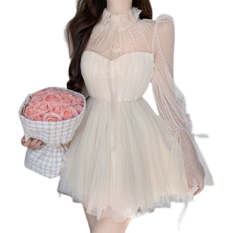 Long-sleeve Lace-up Stand Collar Dress