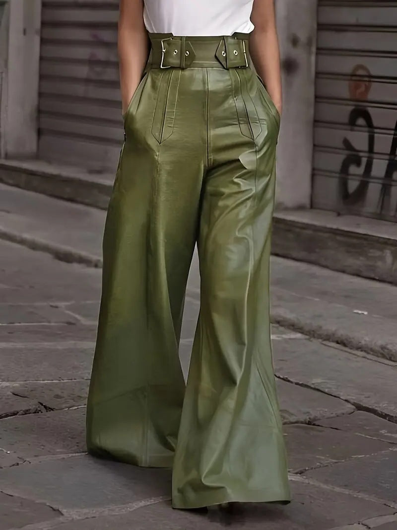 High Waist PU Leather Casual Trousers with Pockets