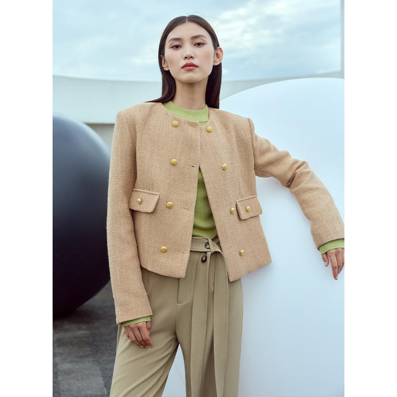 Veste courte de printemps ample à double boutonnage et col rond pour femme
