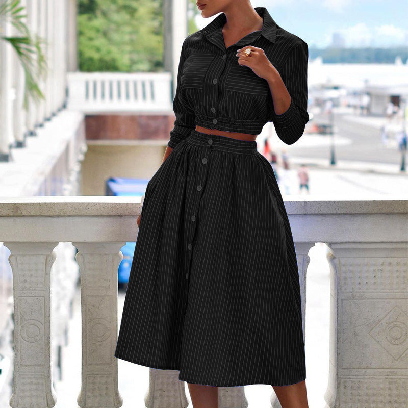 Printed Button Pocket Blouse & Mid-Length Skirt Suit with Stand Collar