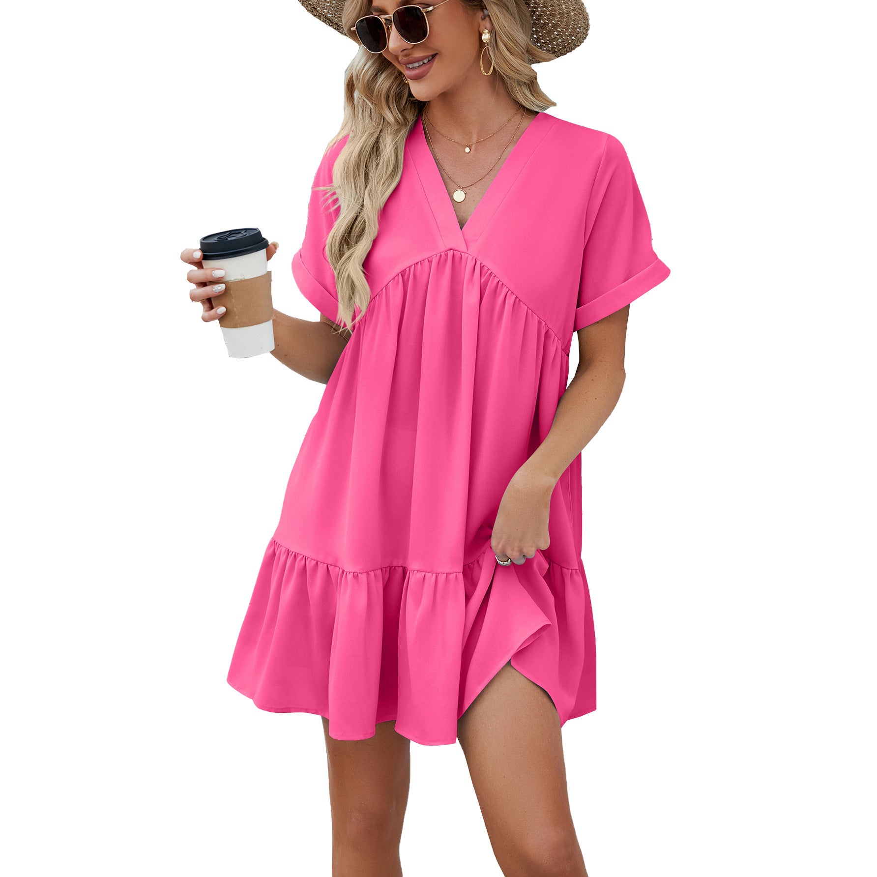 Robe plissée ample unie à col en V pour femme
