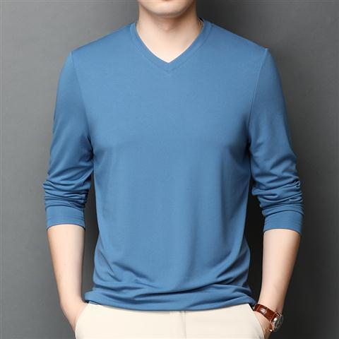 Silk T-shirt Men's Ice Silk Long-sleeved Thin V-neck Silk Bottoming Shirt