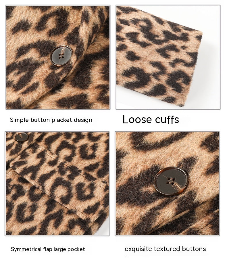 Women's Long Winter Leopard Print Woolen Coat