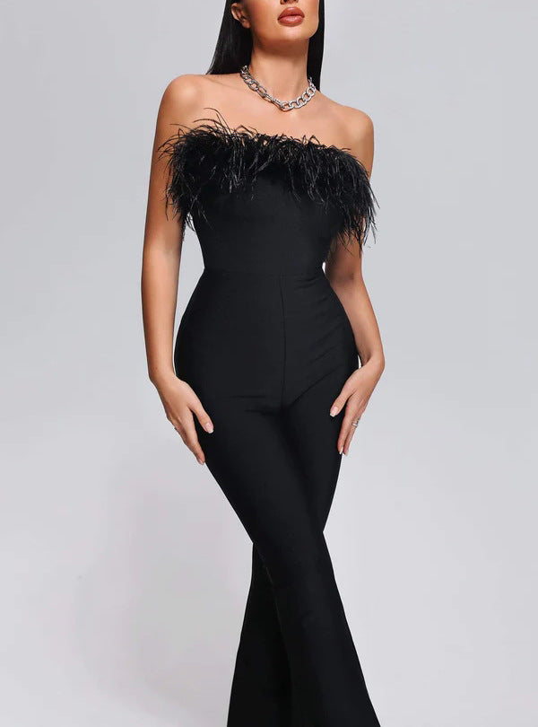 جمبسوت طويل مستقيم مثير بدون أكمام مزين بفيونكة من الريش، يبرز قوامك بشكل أنيق