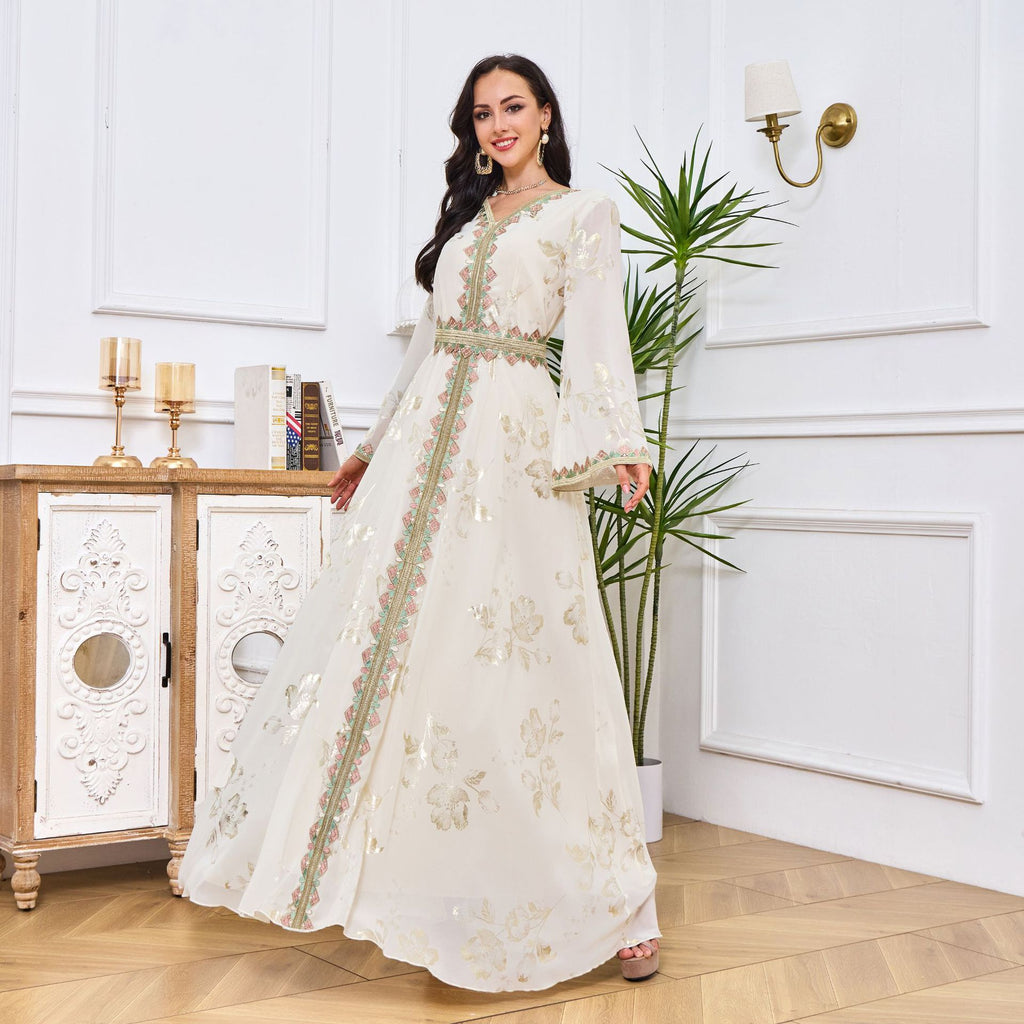 Women's White Muslim Robe with Bronzing Embroidery and Ruffles