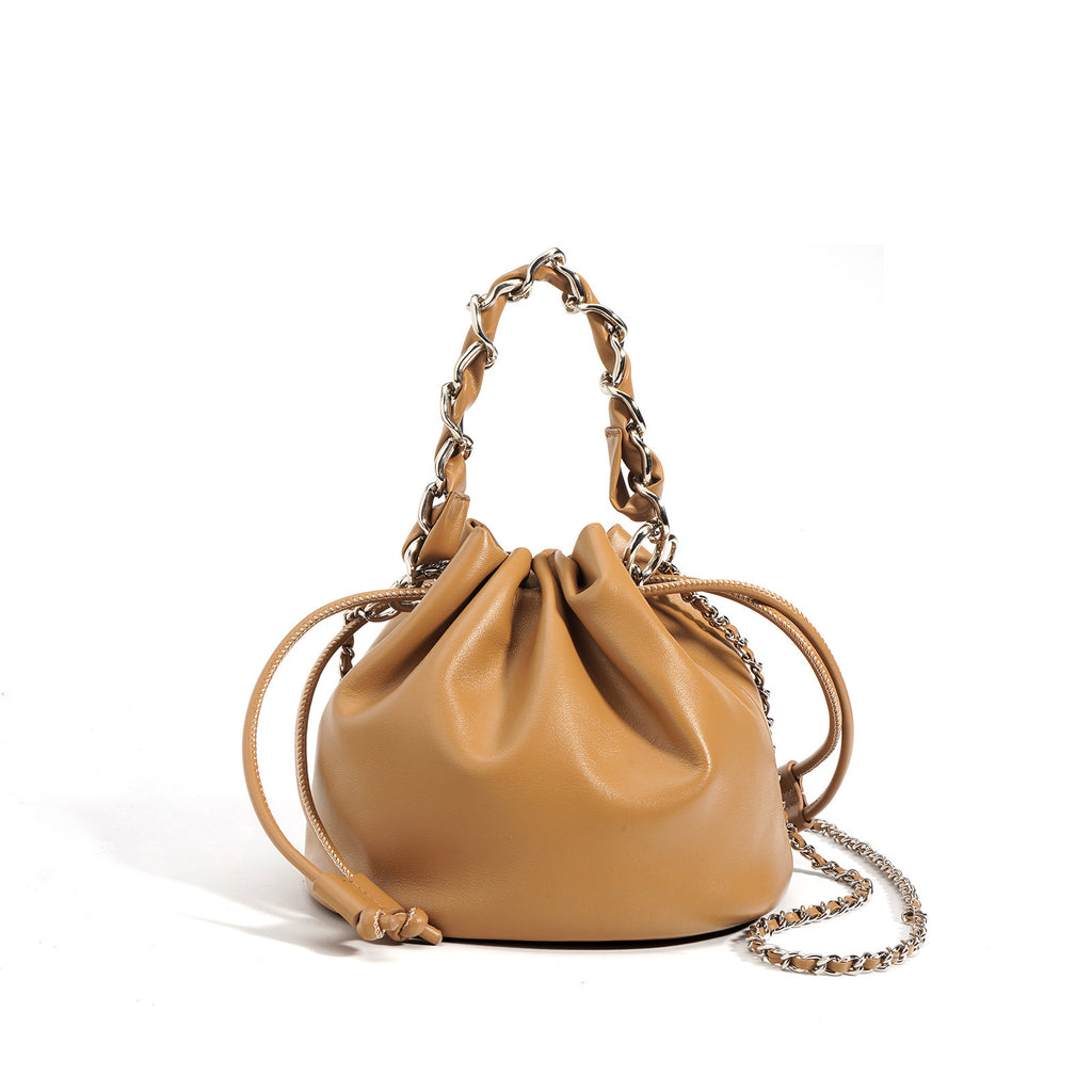 Women's Leather Drawstring Crossbody Bucket Bag - Adjustable Strap, Multiple Colors, 20x14x17cm