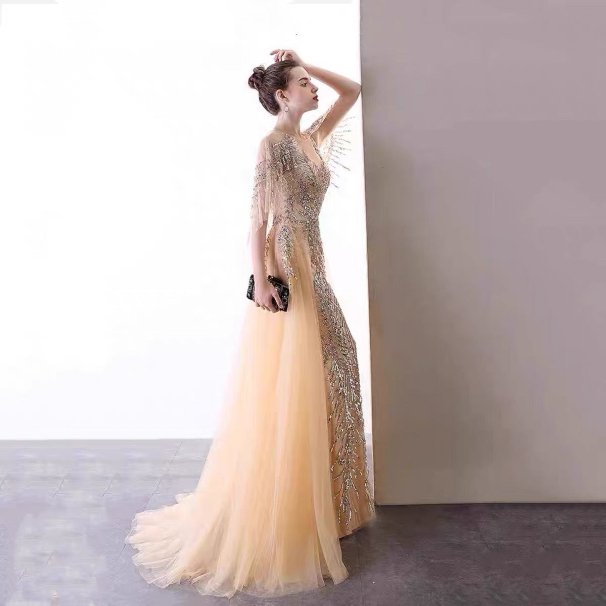 Robe de soirée perlée pour femme, dorée et bleu foncé