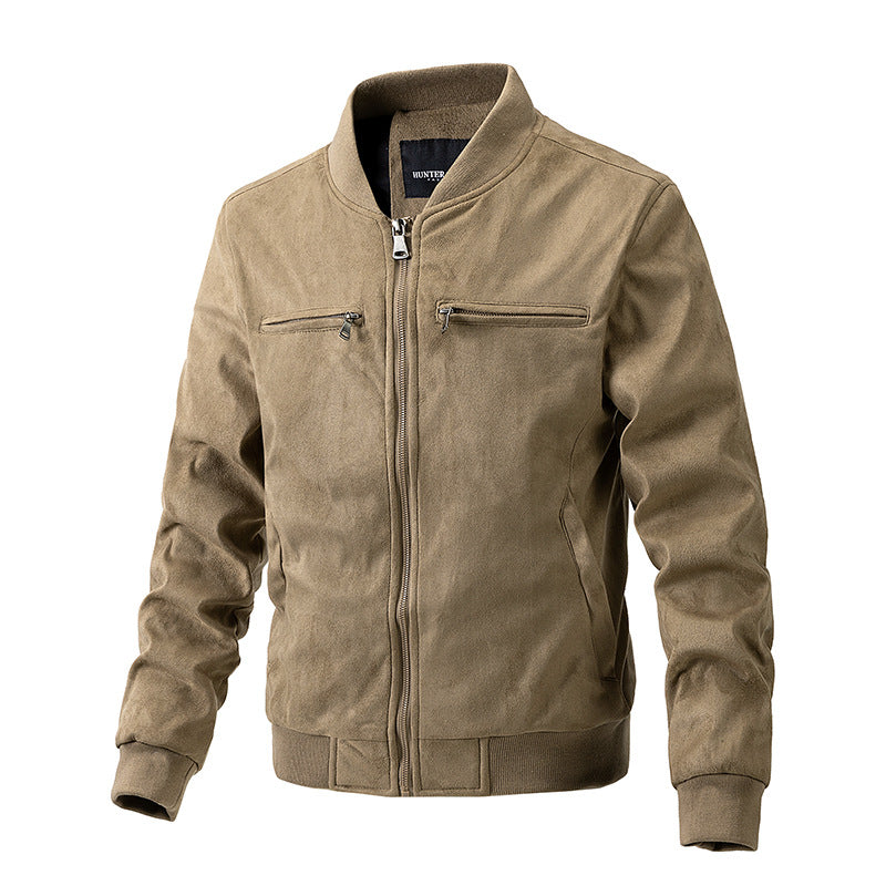 Men's Suede Stand Collar Jacket with Double Zipper Pockets