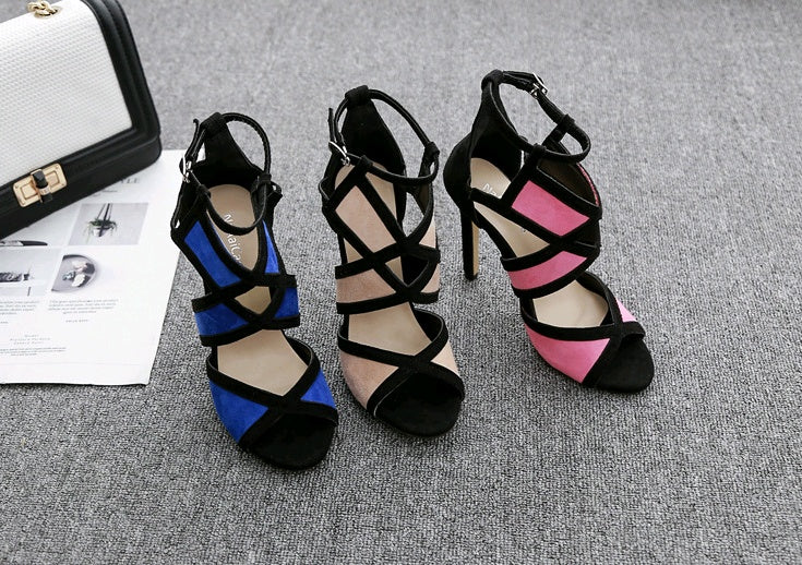 Women's sandals color matching fish mouth cross hollow buckle with fine super high heels