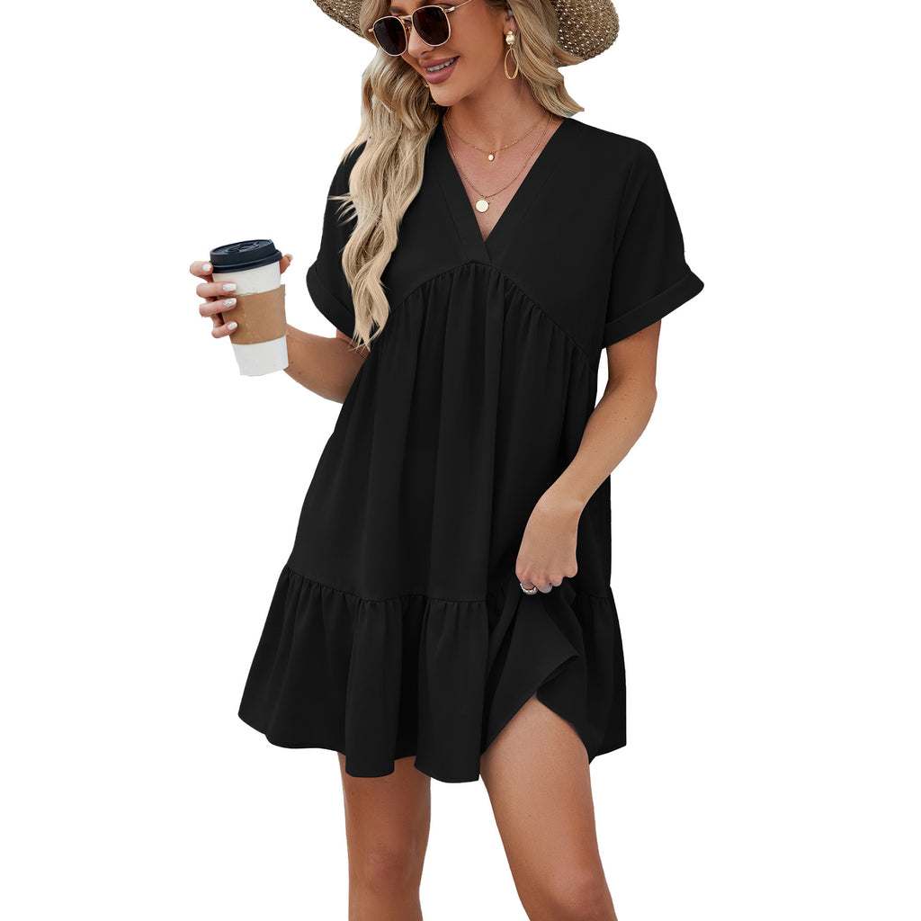 Robe plissée ample unie à col en V pour femme