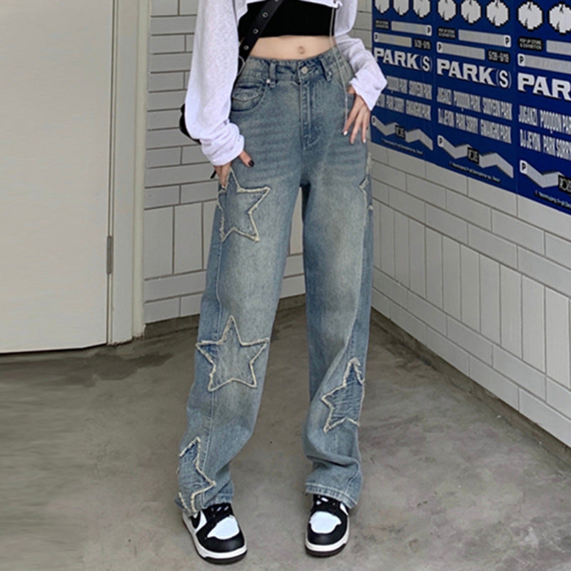 Embroidered High Waist Straight Leg Denim Jeans
