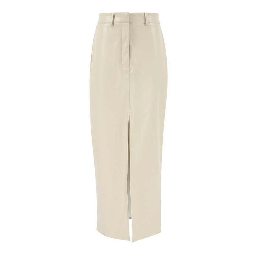 Jupe Droite Fendue Taille Haute en Simili Cuir Kaki Style Français pour Femme