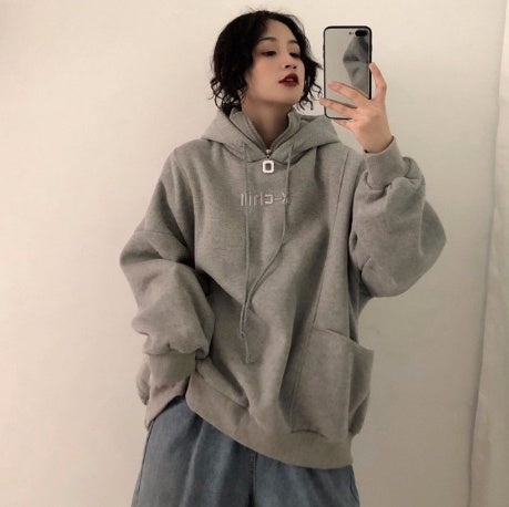 Sweat à capuche ample brodé femme automne hiver, pull chic doux en velours