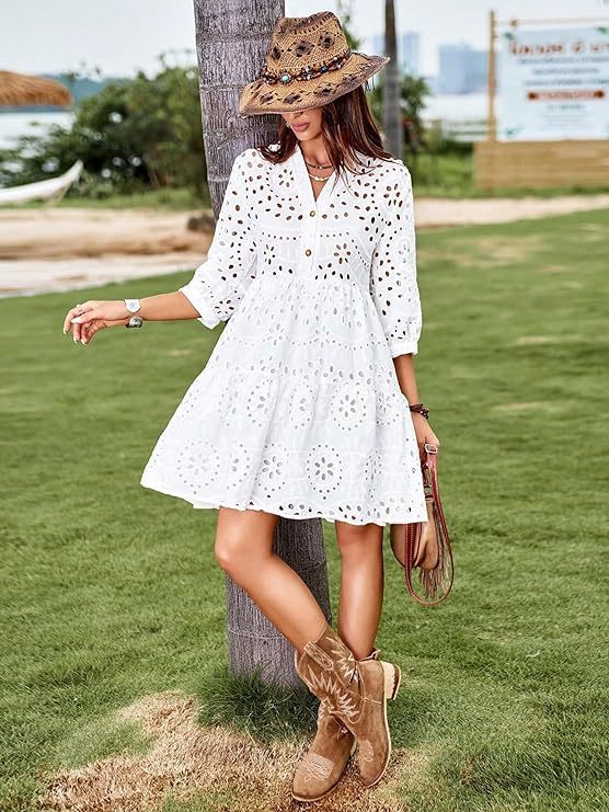 Women's Solid Color Button Dress in Lace Fabric