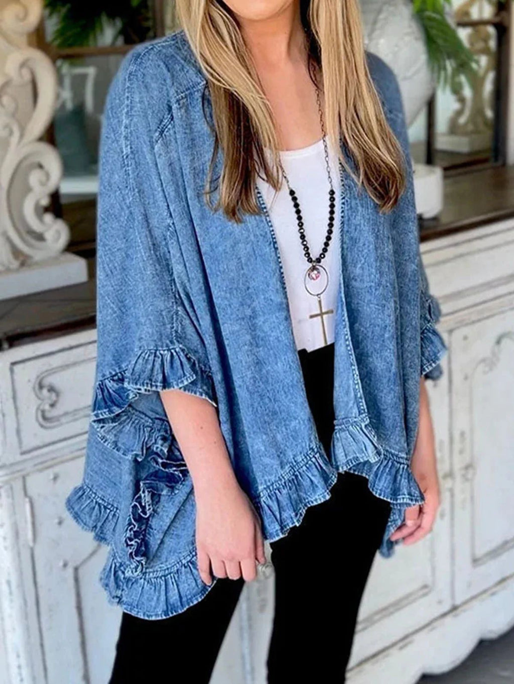 Blue Denim Ruffle Washed Small Coat with Batwing Sleeves
