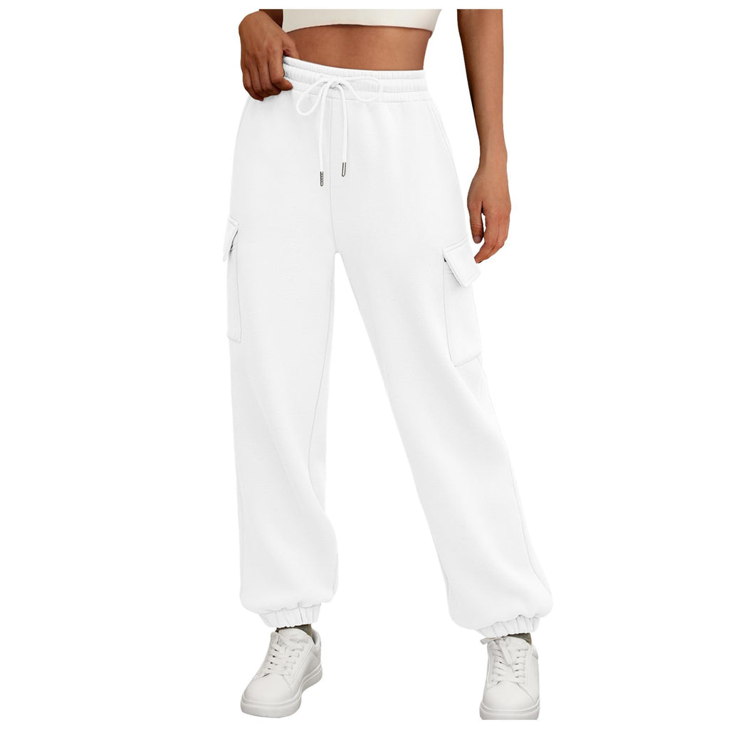 High Waist Casual Straight-Leg Pants with Side Pockets and Elastic Waistband