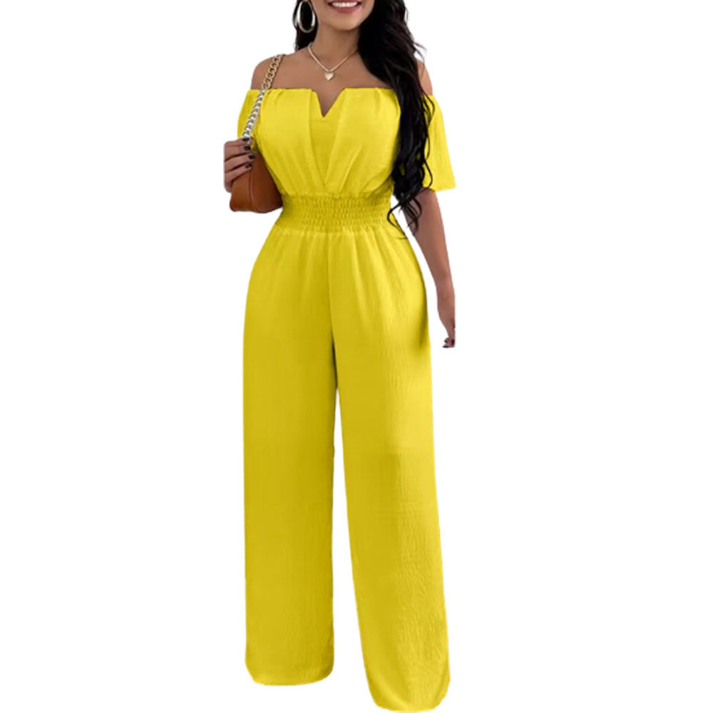 Women's Off-Neck Waist-Trimmed Loose Straight Jumpsuit