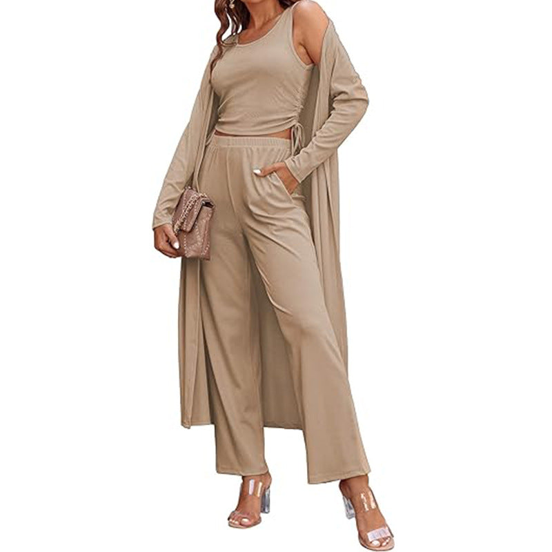 Women's Three Piece Casual Long-sleeved Cardigan Trousers Suit