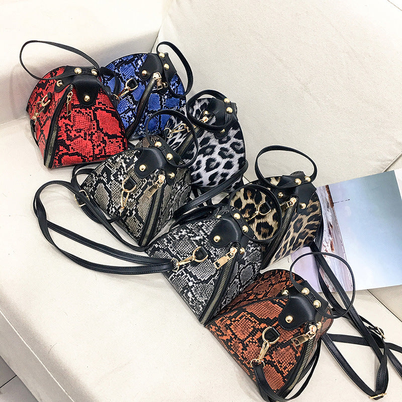 Small Triangle Handbag PU Zipper Bag with Snakeskin & Leopard Patterns