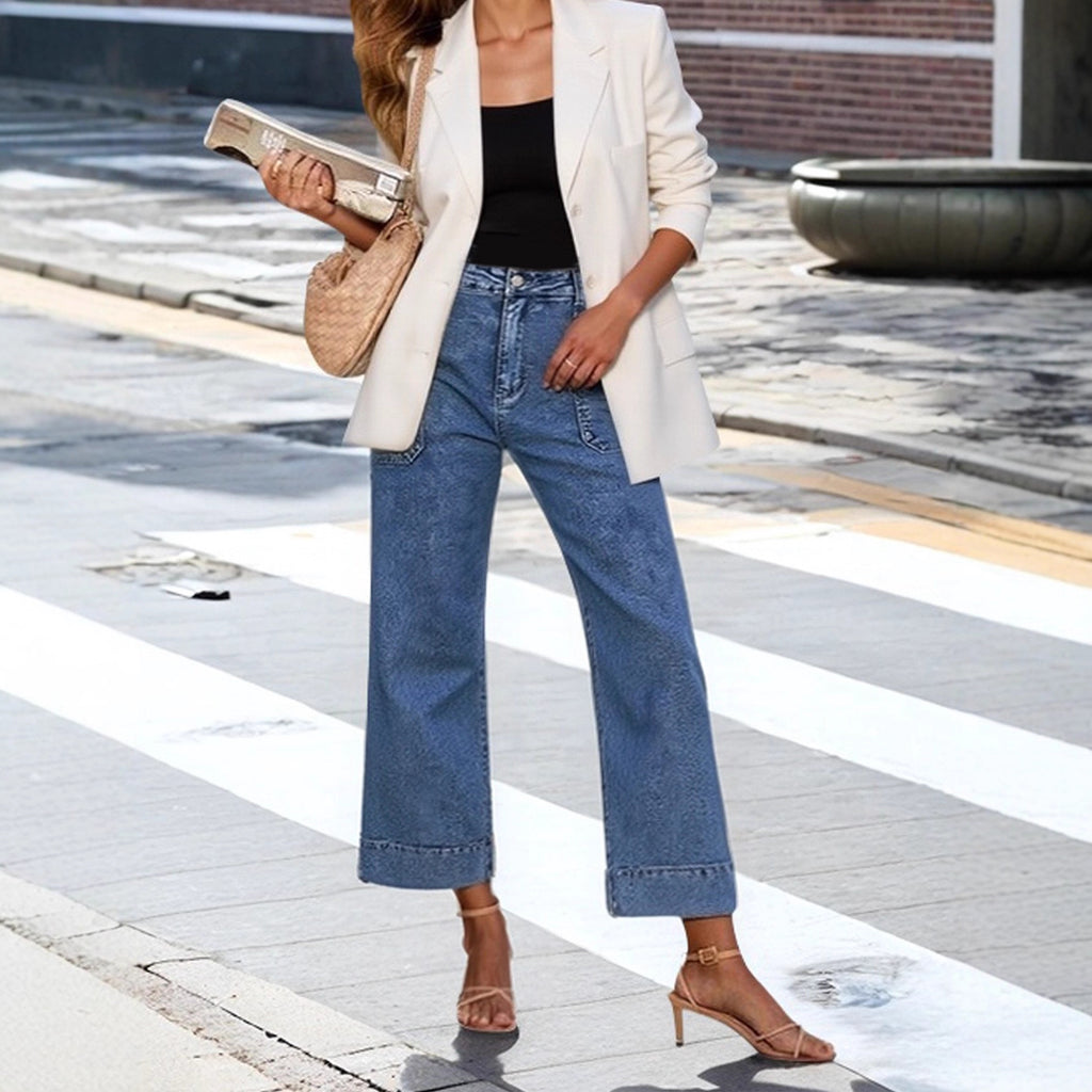 Pantalon large court amincissant taille haute à la française bleu foncé