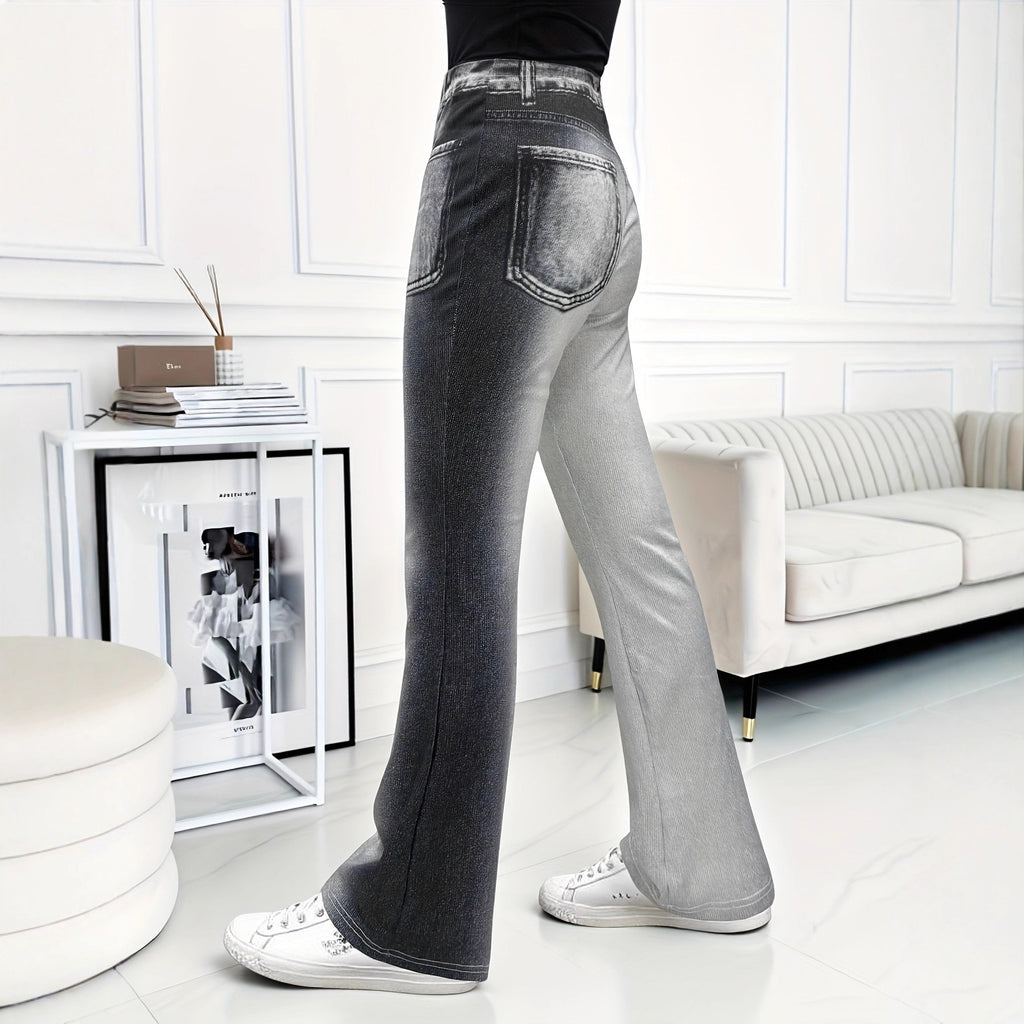 Casual Faux Denim Flare Pants with Fake Pockets