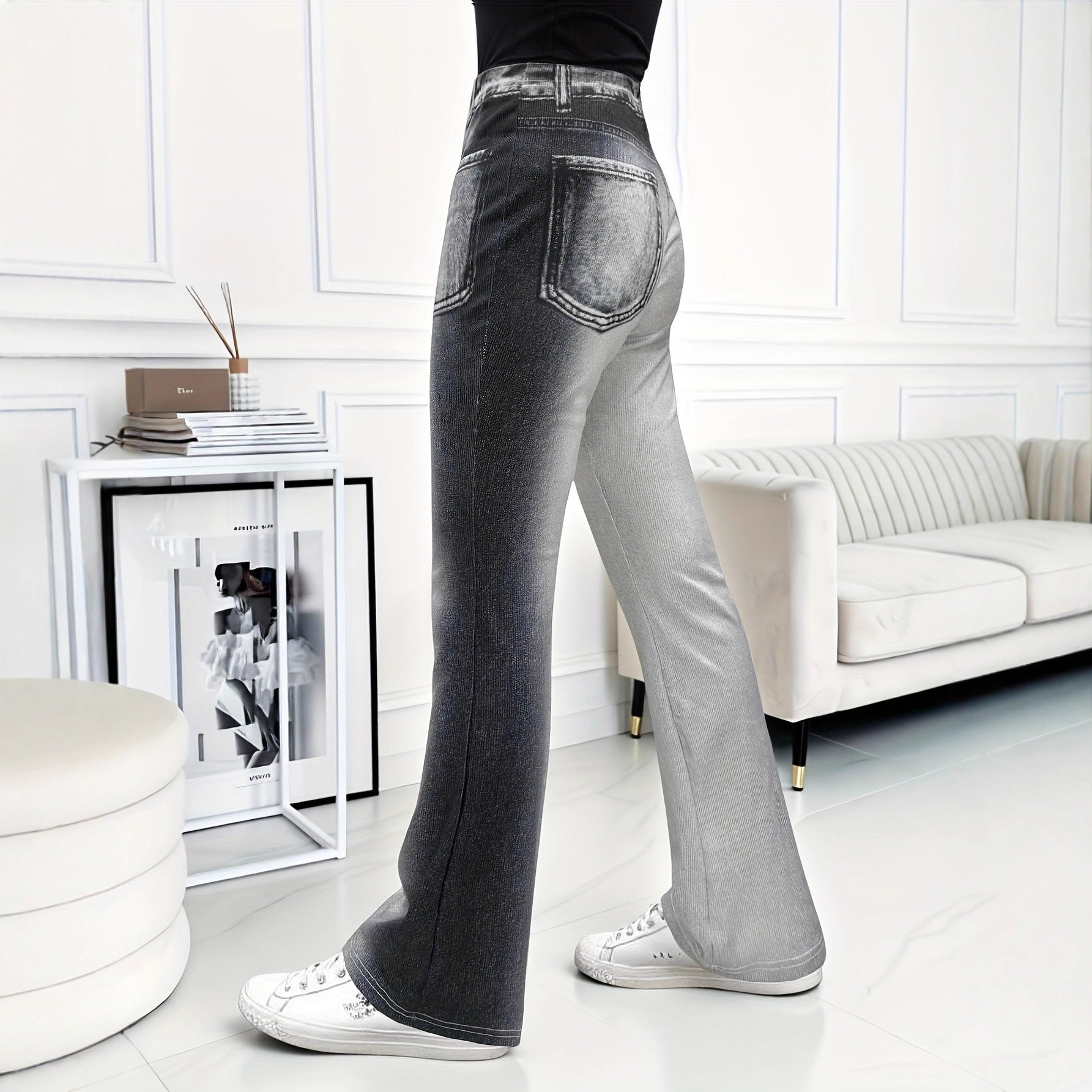 Casual Faux Denim Flare Pants with Fake Pockets