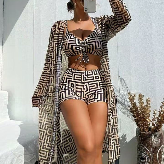 Womens Three-Piece Polyester Swimwear Cover-Up Set in Multiple Colors and Sizes