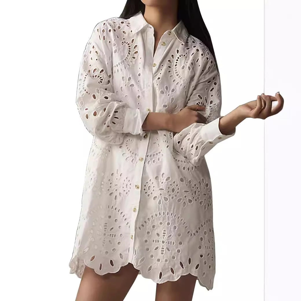Women's Loose Long-sleeved Casual Hollow Pleated Shirt