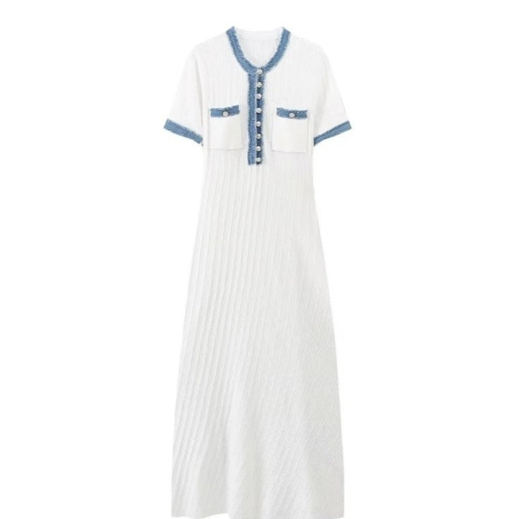 Robe Courte Ajustée à Manches Courtes en Tricot Patchwork Jean