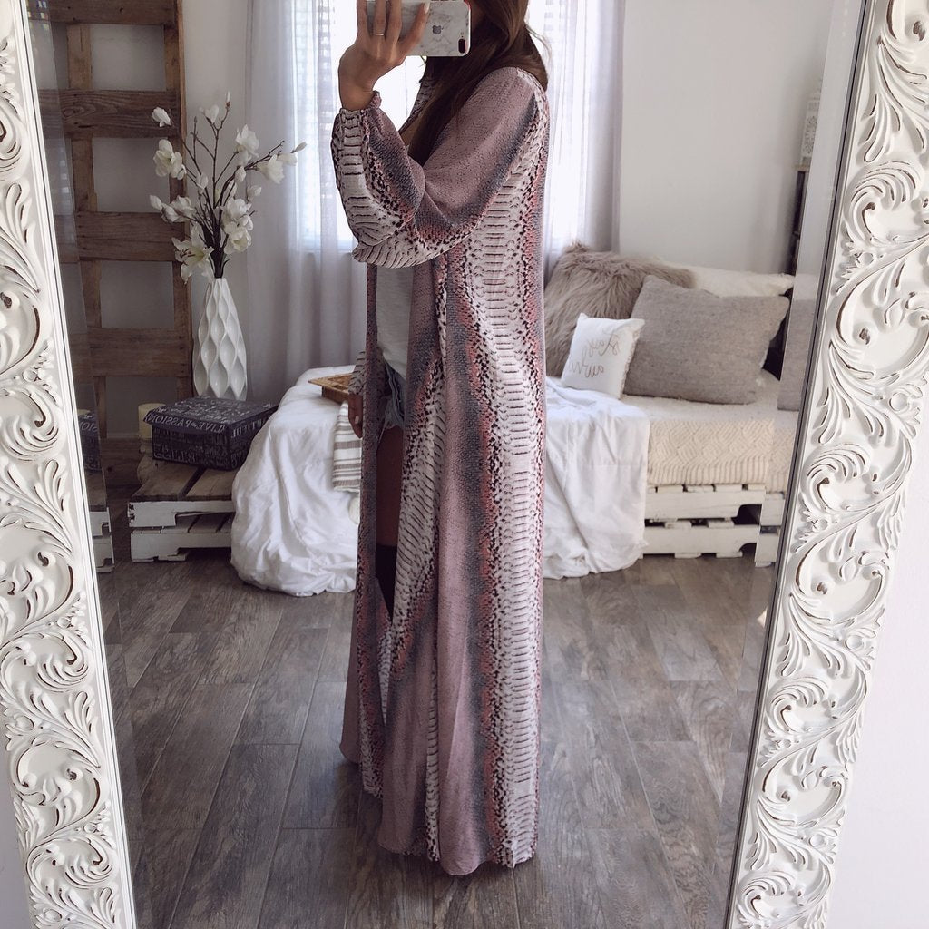 Manteau Long Cardigan Ample Imprimé Serpent en Mélange de Chanvre