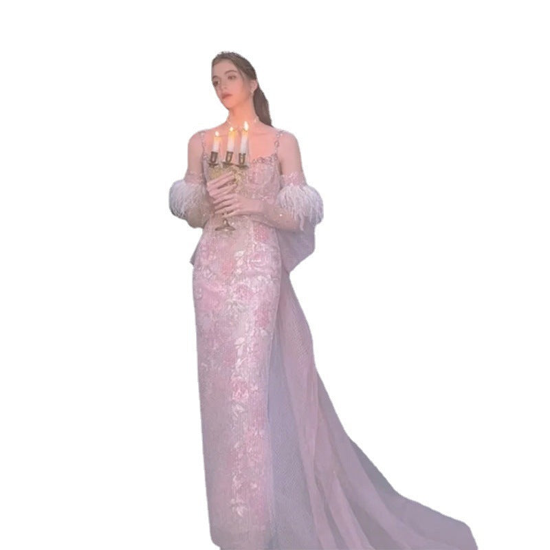 Pink Feather Studded Beaded Dress High Waist Acrylic Fiber