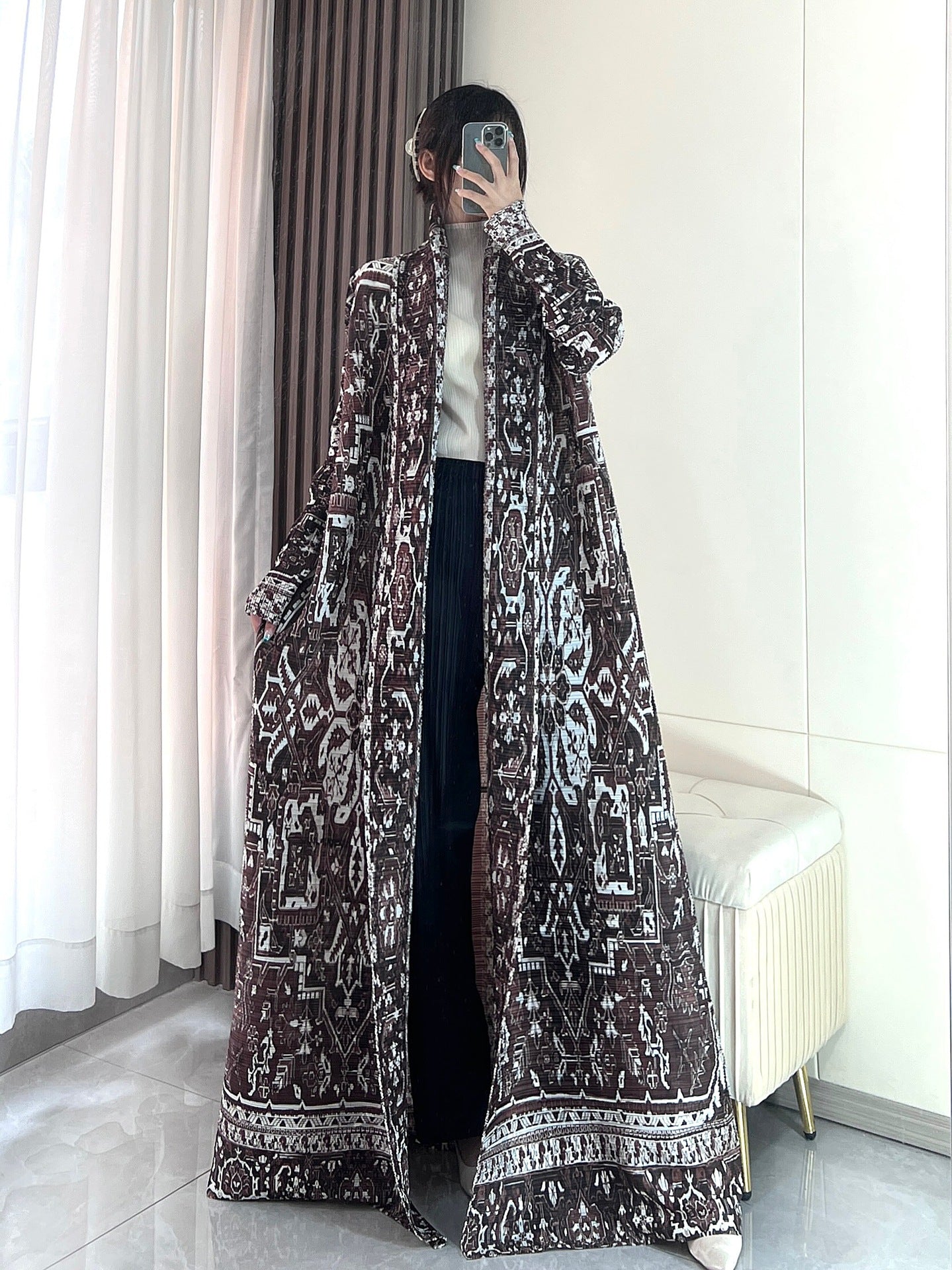 Pleated Print Fashionable All-match Lace-up Loose Arabian Abaya Robe